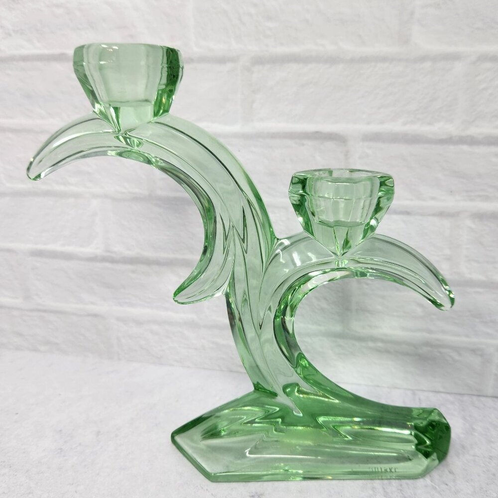 Vintage Rattenberg Bleikristall? Half Moon Candle Holder Mint Green Glass Double